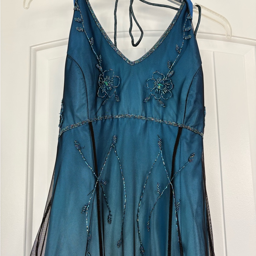 Blondie Nites Vibrant Blue Dress with Floral Accents